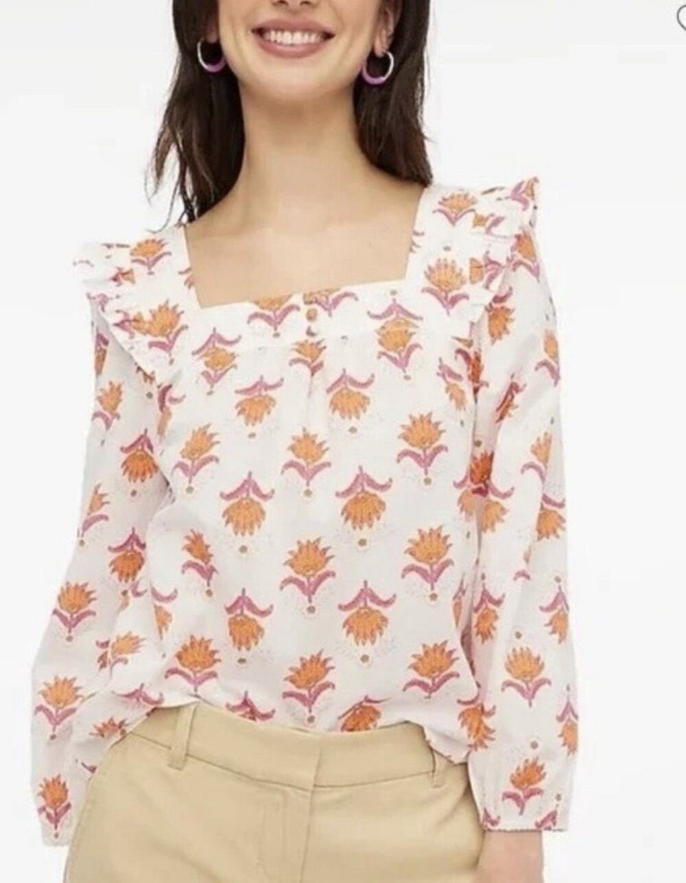 J. CREW Top XL Square Neck Ruffle Long Sleeve Floral Cottagecore Feminine